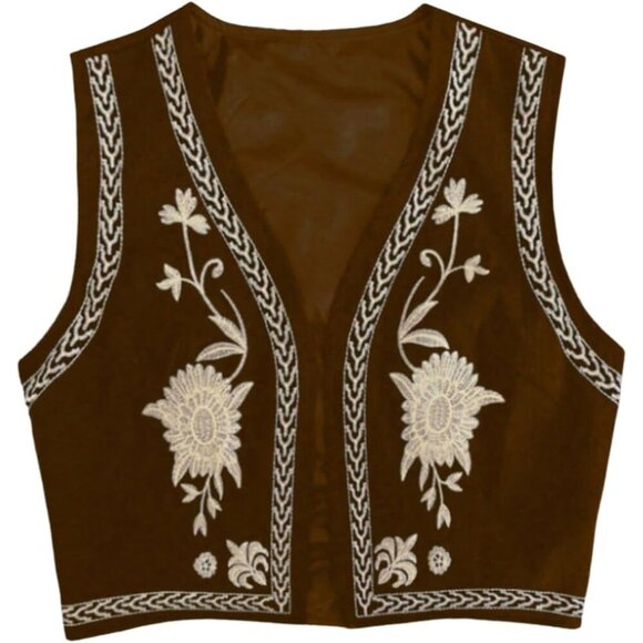Tops - Women's Brown Cowgirl Western Outfit Linen Embroidered Boho Vest Tops